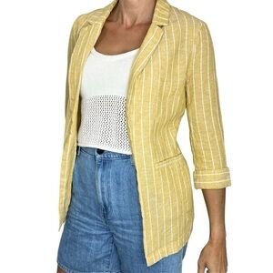 ONLY linen blend yellow white pin stripe open front jacket blazer EU 34